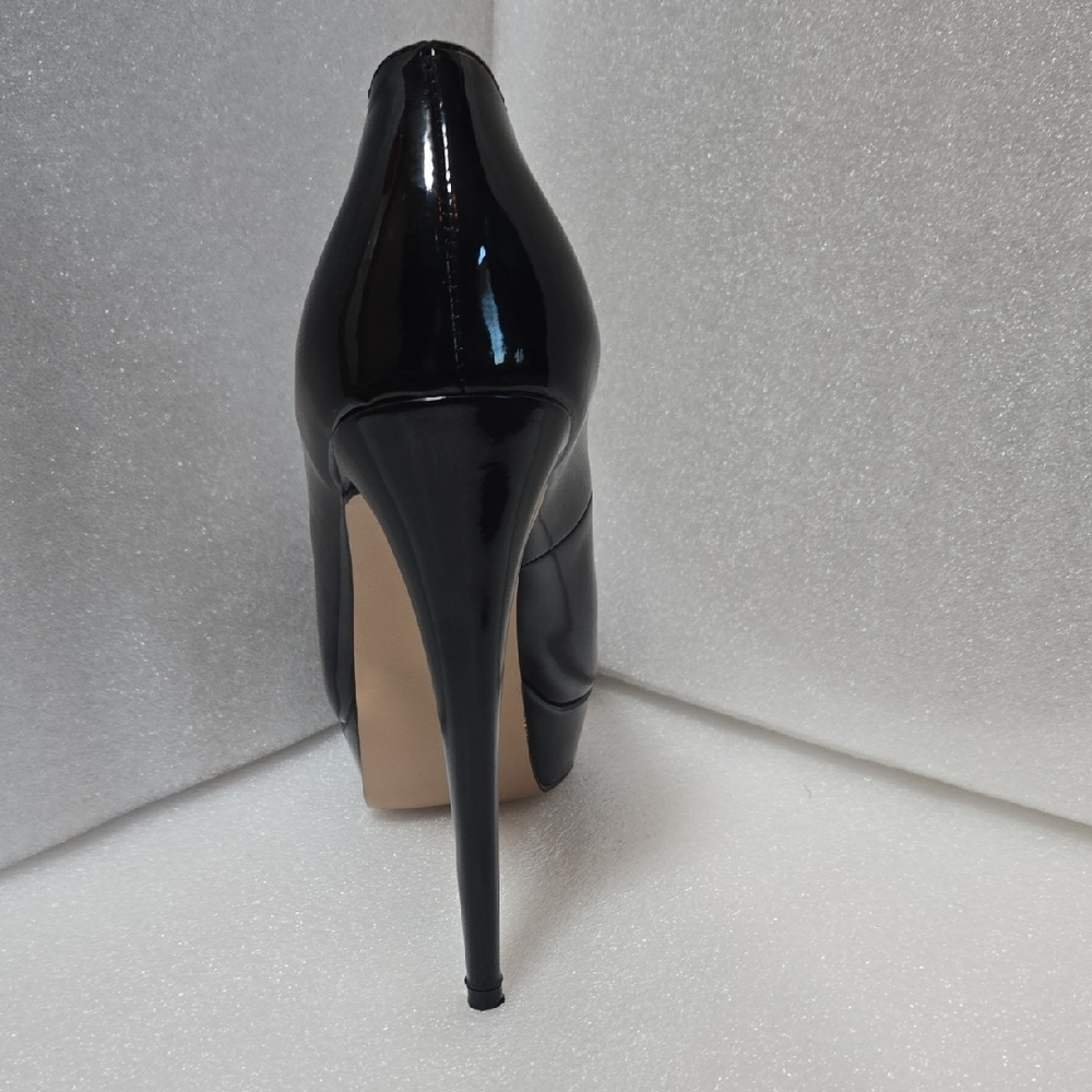 Marumote 6" SHINEY BLACK STILETTOS W/ RED PEEP VALENTINE'S  DIVA 9.5 - Picture 11 of 17